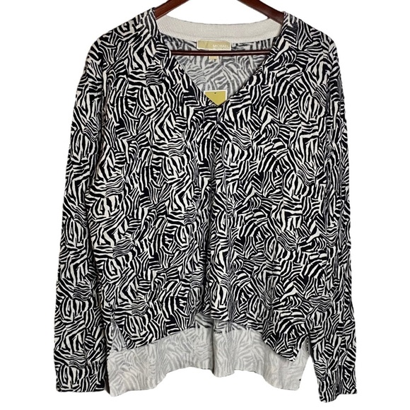Michael Michael Kors Long Sleeve Black White Zebra Print V-Neck Sweater Large - Picture 1 of 15